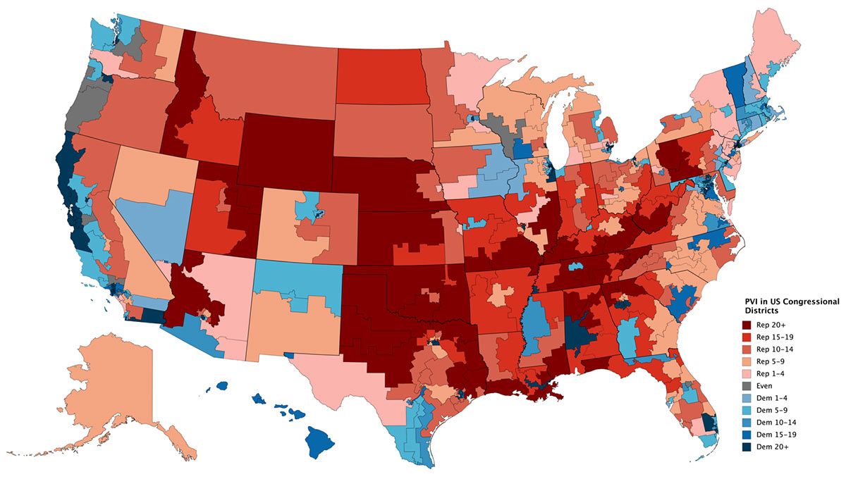 Congressional Districts - Color Coded by PVI